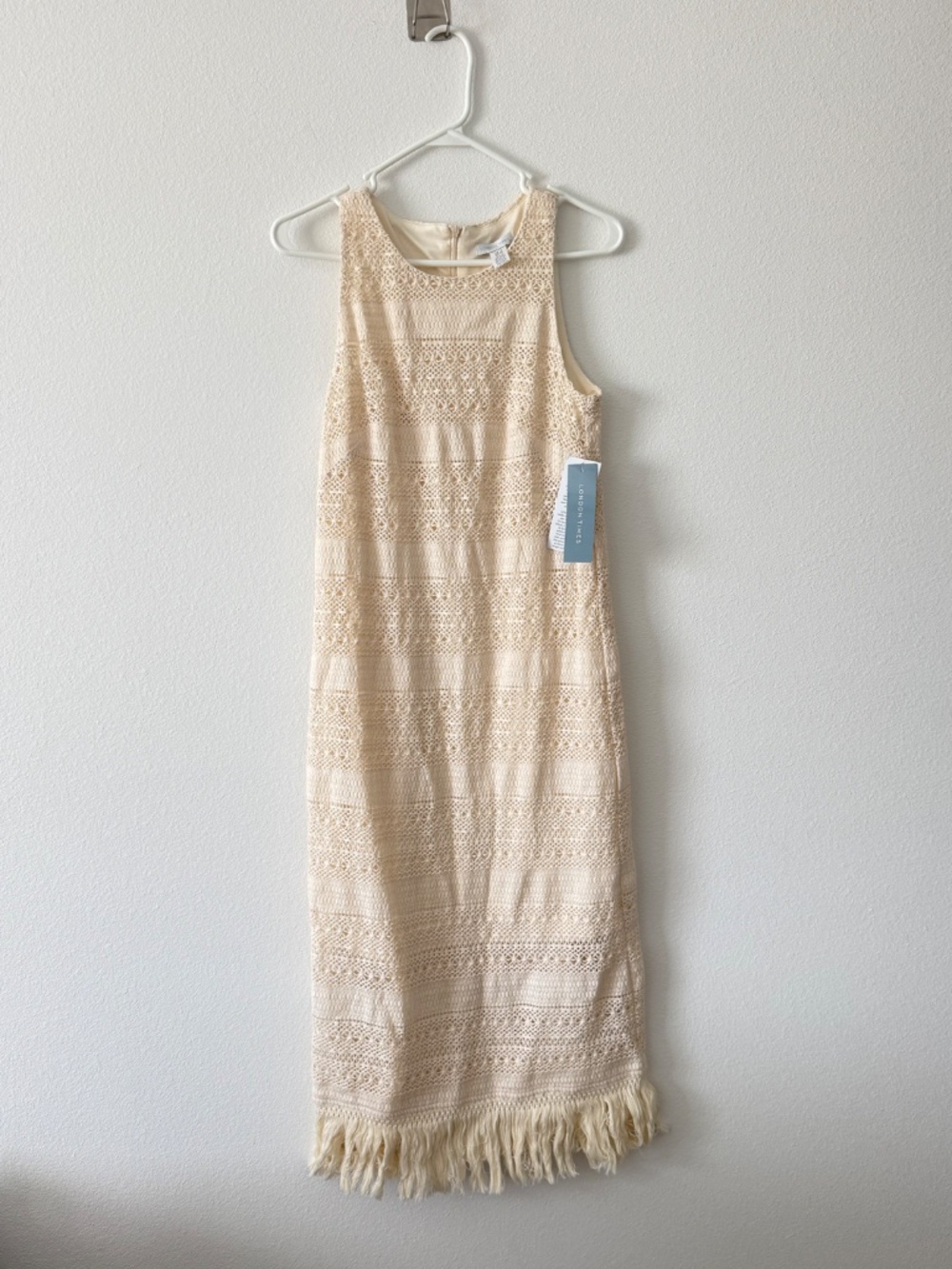 London Times Natural Crochet Tassels Sleeveless Midi Boho Dress 6 NWT